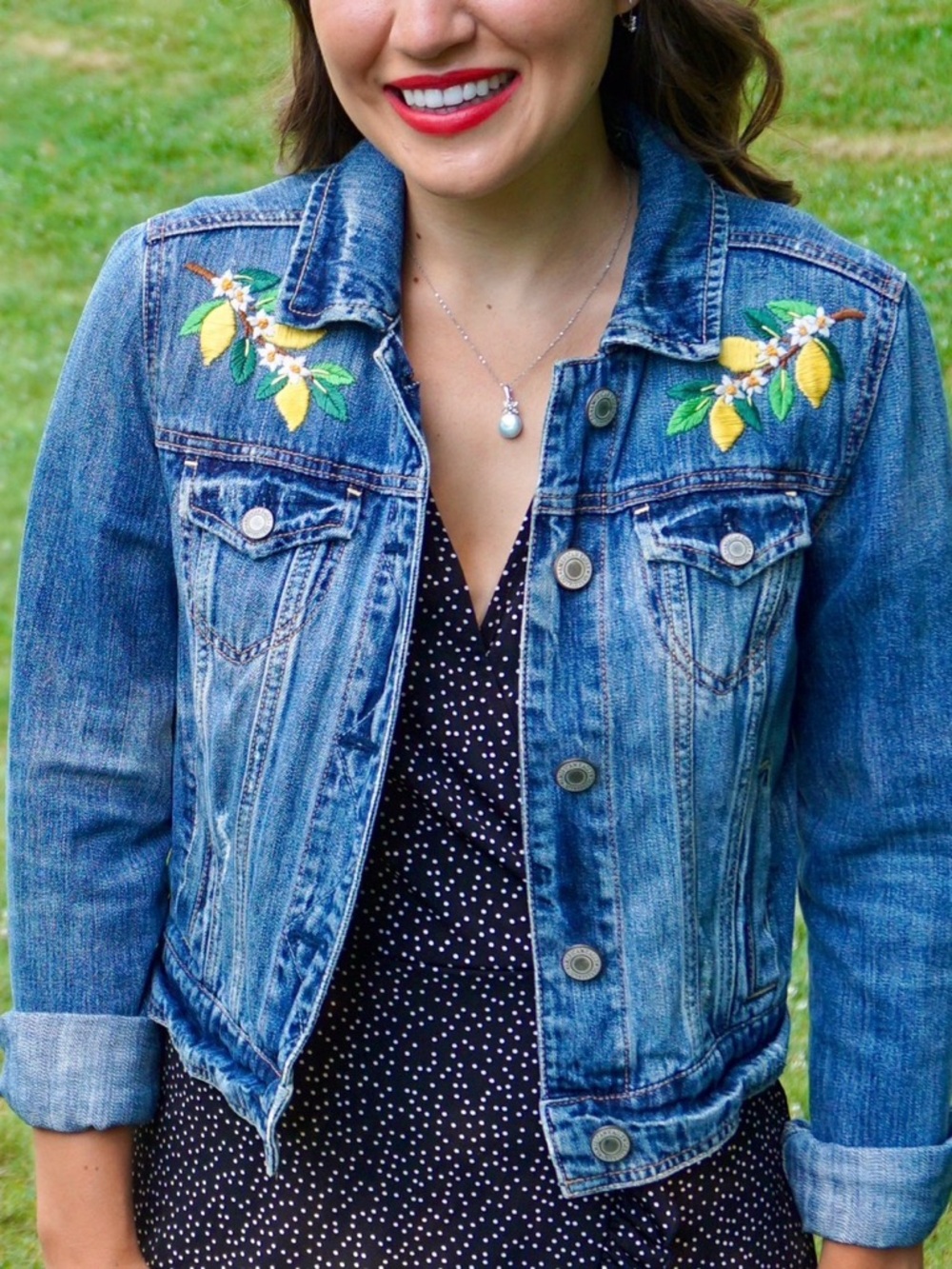 American Eagle Outfitters Blue Denim Embroidered Lemon Jacket
